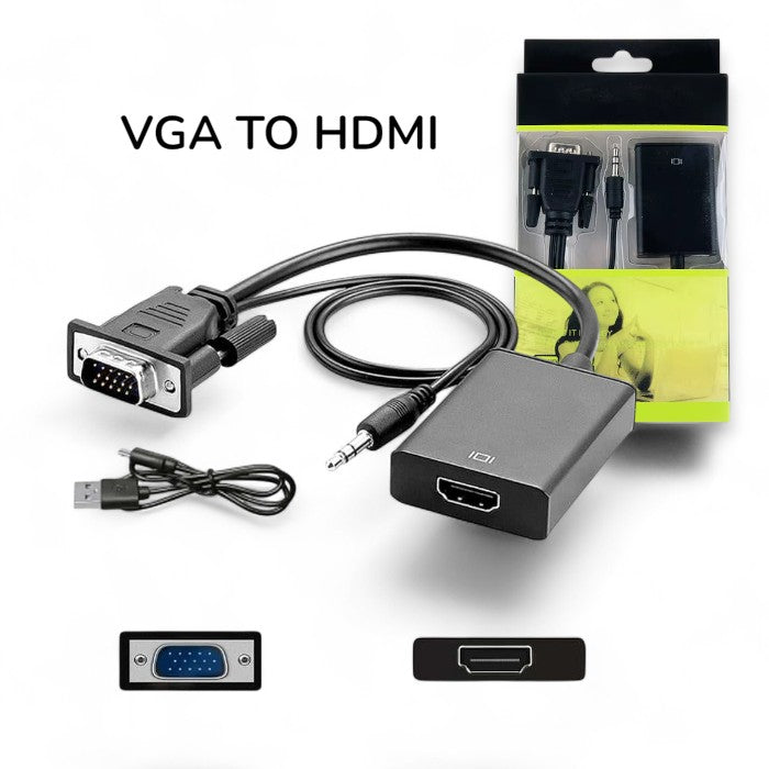 VGA to HDMI Adapter, 1080P Converter with Audio + Power, Connect Laptop/PC to HDMI Monitor/Projector, Black, VGA-HDMI, New