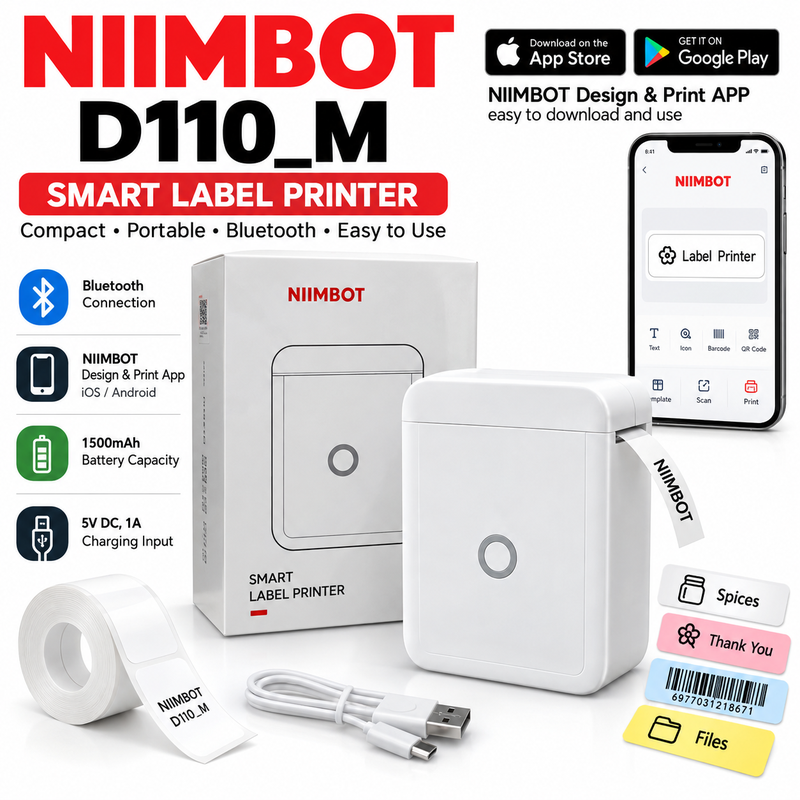 NIIMBOT D110_M Smart Bluetooth Label Printer – Portable Rechargeable Mini Sticker Printer, 1500mAh, iOS & Android App