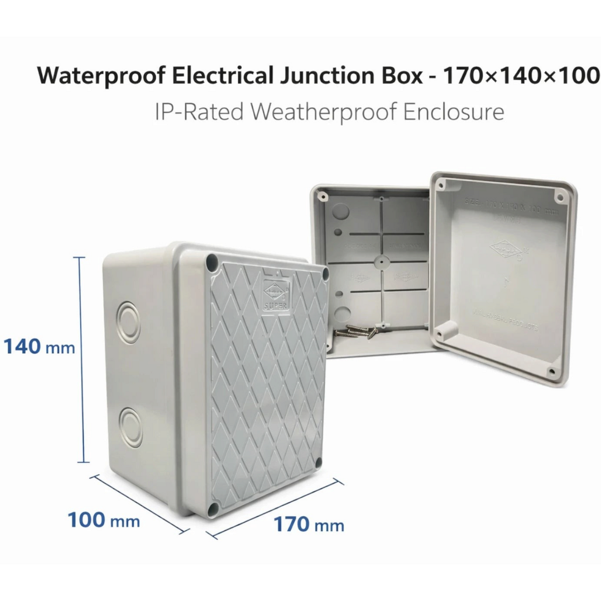 lebbuy waterproof electrical junction box with grey plastic enclosure and cover, 170x140x100 mm for outdoor wiring