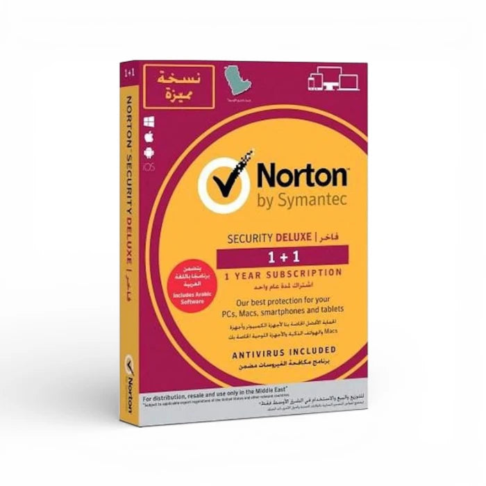 Norton Security Deluxe 1+1 (1-Year Subscription)
PC, Mac, Smartphone & Tablet Protection
Antivirus Included • Arabic Language Support