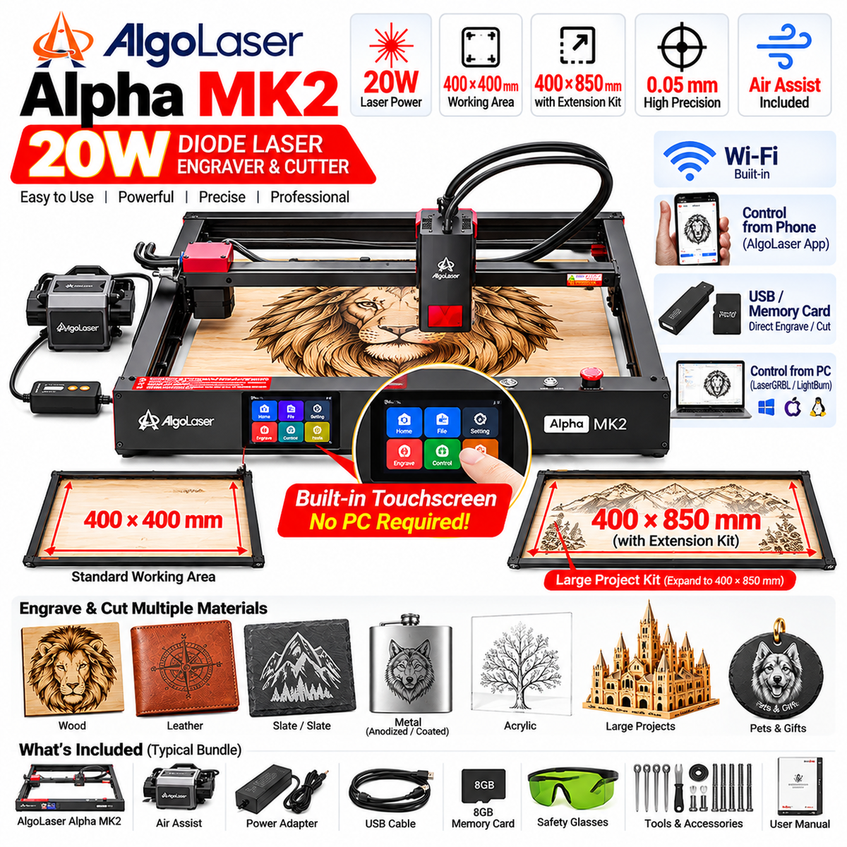 AlgoLaser Alpha MK2 20W Laser Engraver & Cutter – Touchscreen, Wi-Fi, Air Assist