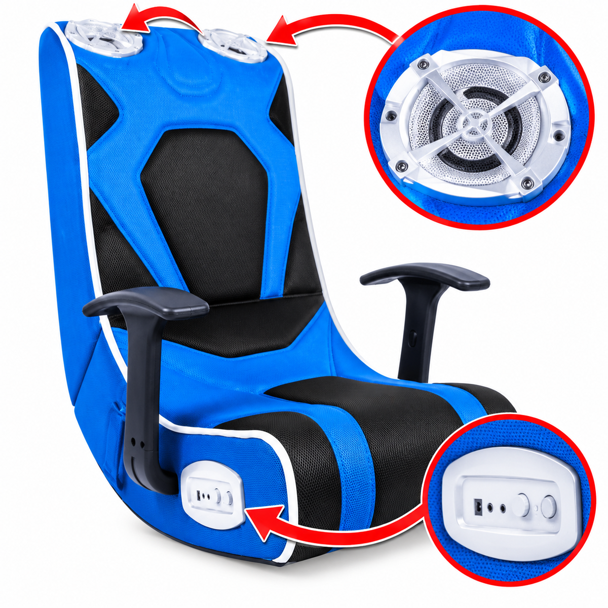 Rocker Gaming Chair with Armrests – Blue & Black, Built-in Speakers, Foldable