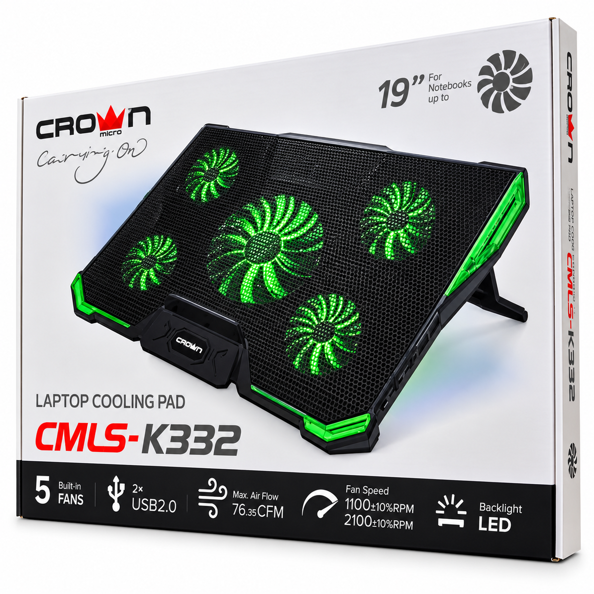 CROWN Micro CMLS-K332 Laptop Cooling Pad โ 5 Fans, Up to 19 Inch