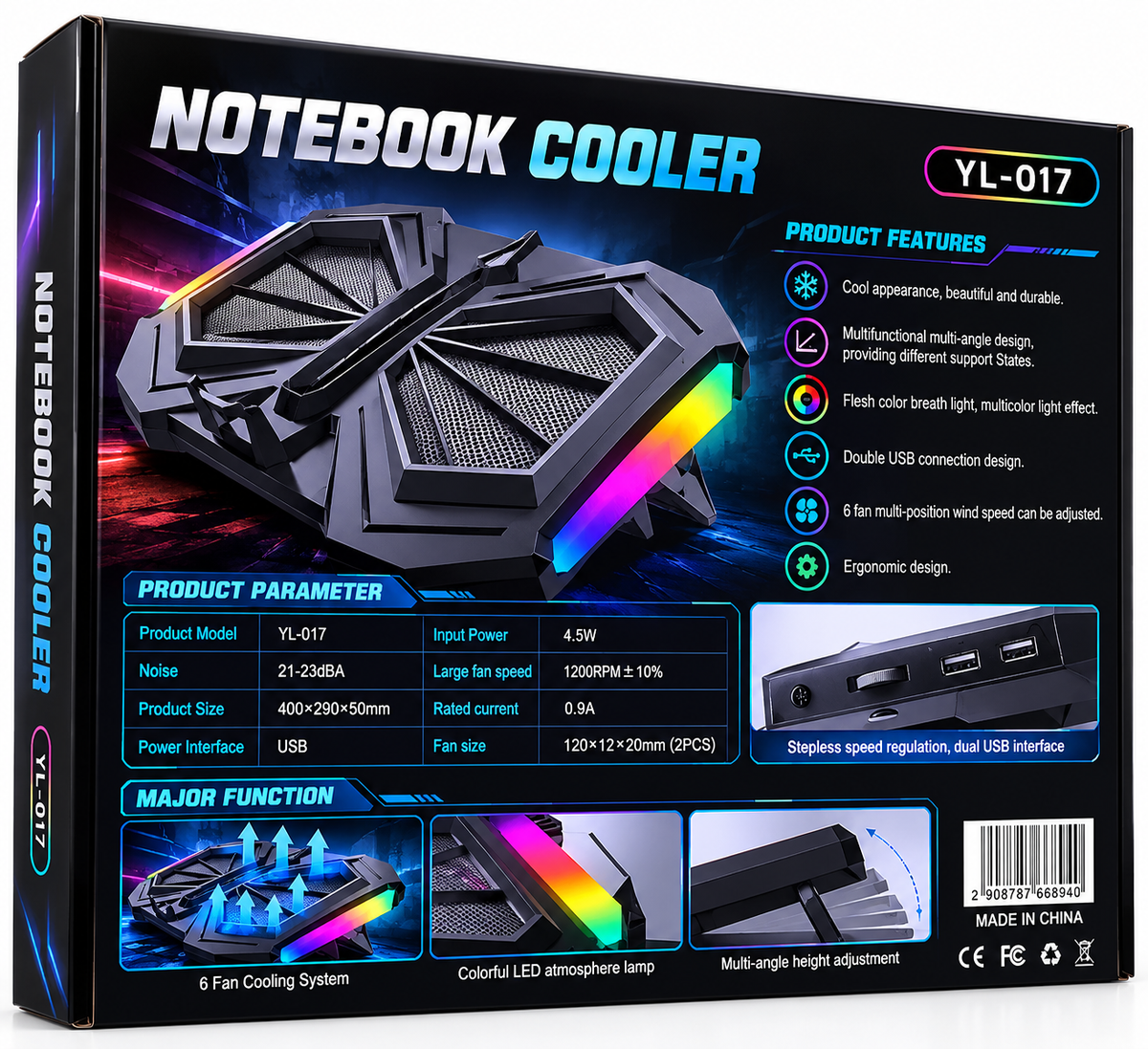 YL-017 Gaming Laptop Cooling Pad – 6 Fans, RGB Lighting, Dual USB