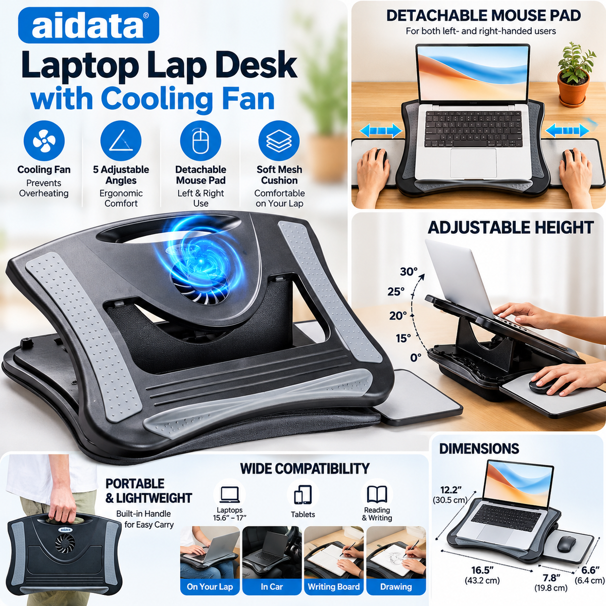 Aidata Laptop Lap Desk with USB Cooling Fan β Adjustable Stand with Mouse Pad