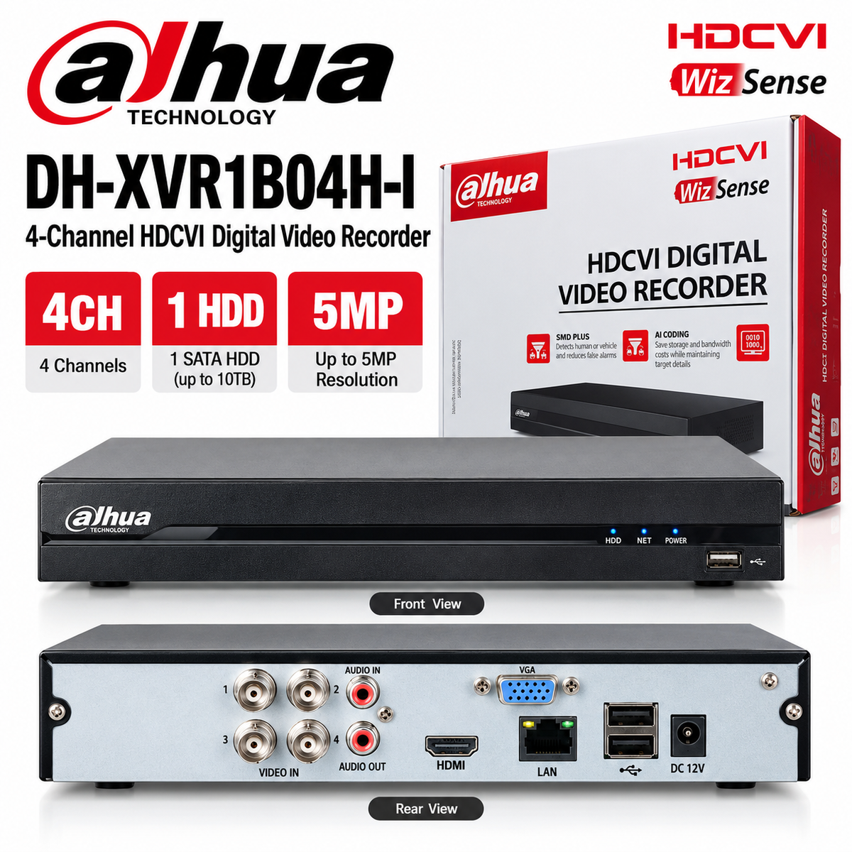 Dahua 4ch , 5MP DH-XVR1B04H-I 4-Channel WizSense HDCVI Digital Video Recorder DVR, 1 HDD, Up to 5MP