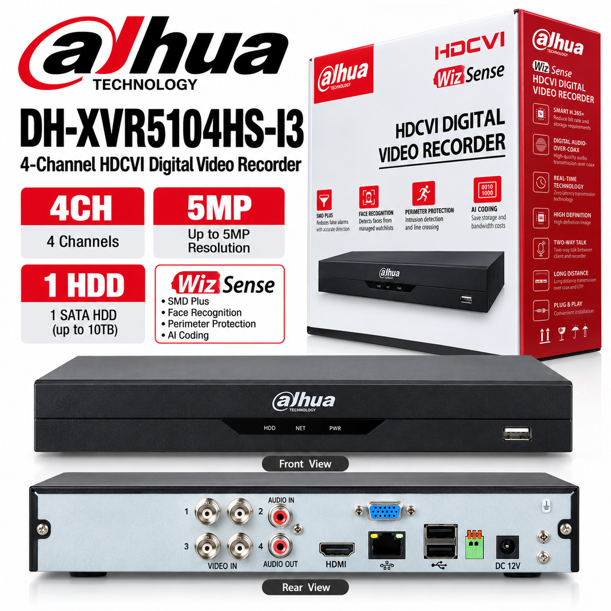Dahua 4ch , 5MP DH-XVR5104HS-I3 4-Channel WizSense HDCVI DVR Digital Video Recorder, Up to 5MP, 1 HDD