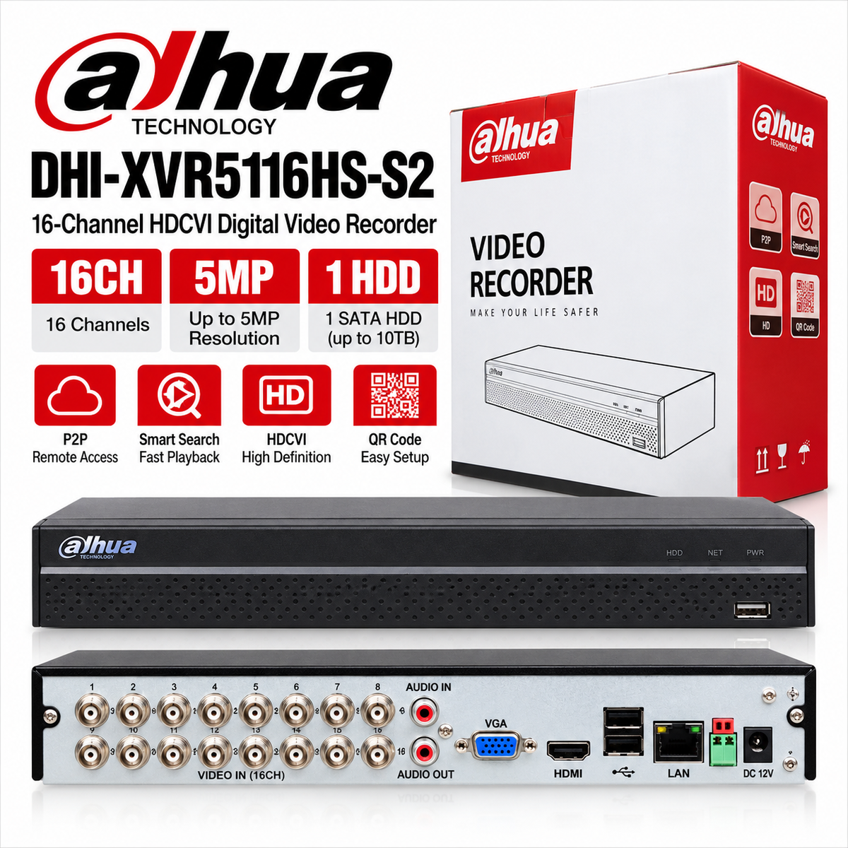 Dahua 16ch , 5MP DHI-XVR5116HS-S2 16-Channel HDCVI Digital Video Recorder (DVR), 1 HDD, HDMI, CCTV Surveillance Recorder
