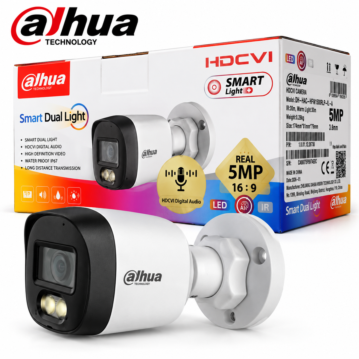 Dahua DH-HAC-HFW1500RLP-IL-A 5MP HDCVI Bullet Security Camera, 3.6mm Lens, Smart Dual Light, 30m IR & Warm Light, Built-in Audio