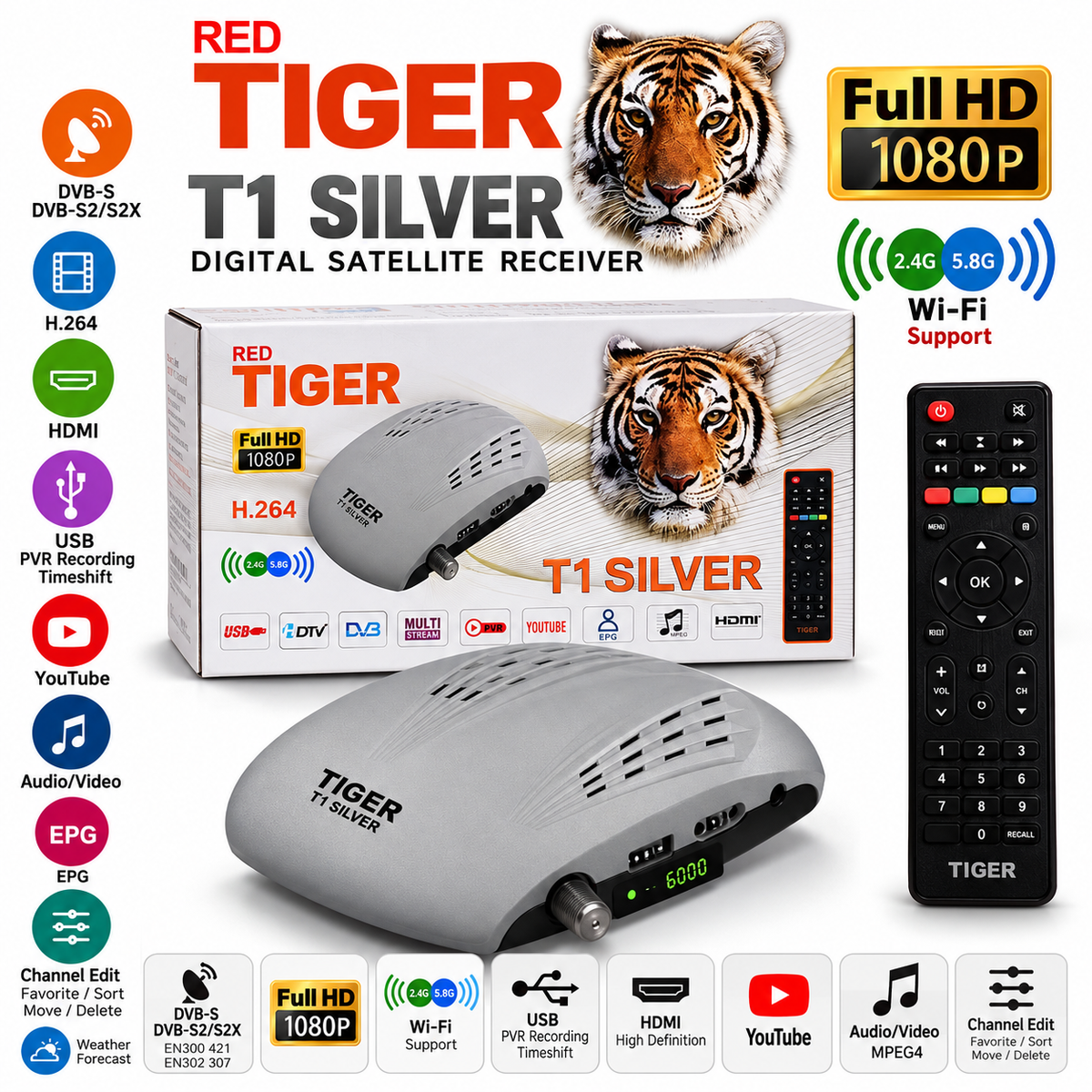 RED TIGER T1 SILVER Full HD 1080p Satellite Receiver – DVB-S/S2/S2X, H.264, 2.4G/5.8G Wi-Fi Support, HDMI, USB PVR & Timeshift