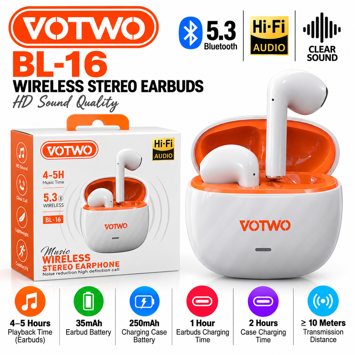 VOTWO BL-16 Bluetooth 5.3 Wireless Stereo Earbuds – Hi-Fi Audio, 4–5H Playback, 250mAh Charging Case, White & Orange