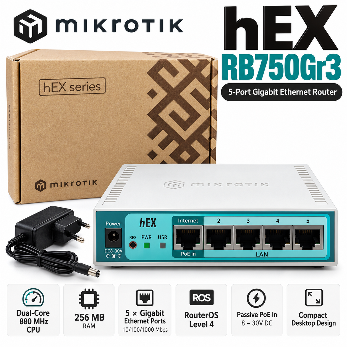 MikroTik hEX RB750Gr3 Gigabit Ethernet Router – 5-Port Wired Router, Dual-Core 880MHz CPU, 256MB RAM, RouterOS Level 4