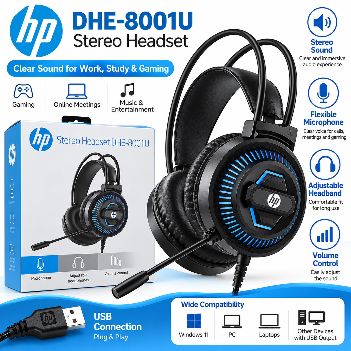 HP DHE-8001U Stereo Gaming Headset with Microphone – Over-Ear Adjustable Headphones, Volume Control, USB Connection, Black