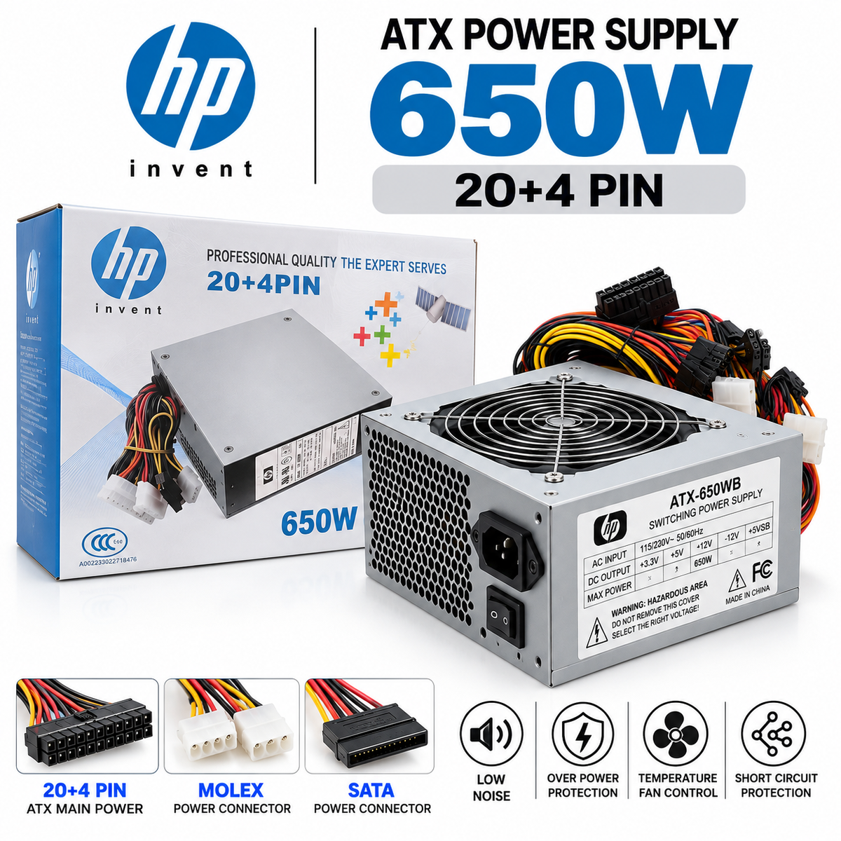 650W PC Power Supply – HP Invent ATX-650WB, 20+4 Pin ATX PSU, Cooling Fan, Overpower & Short-Circuit Protection