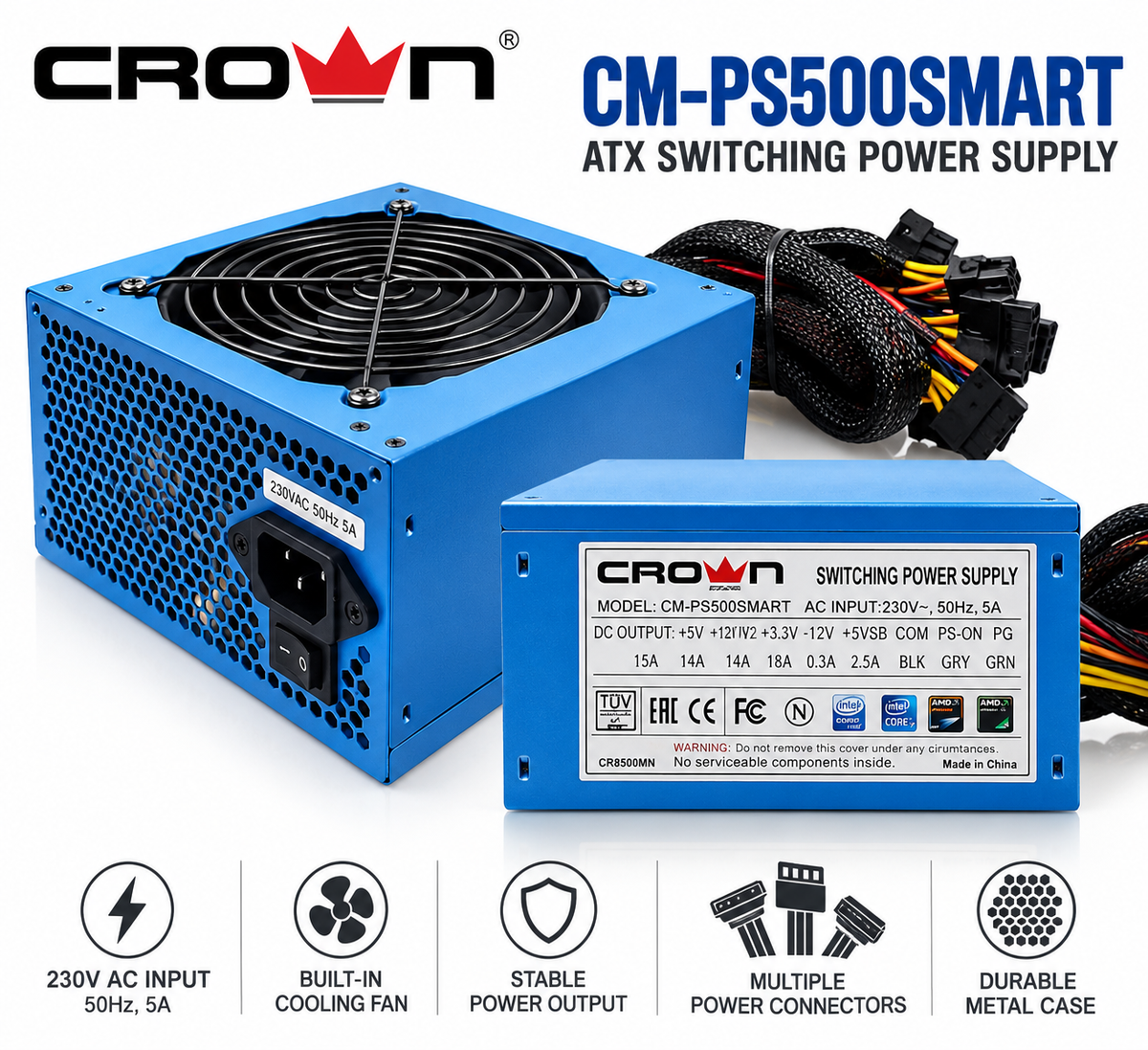 Crown CM-PS500SMART ATX PC Power Supply – Blue Metal PSU, Cooling Fan, 230V AC Input, Wired Power Connectors