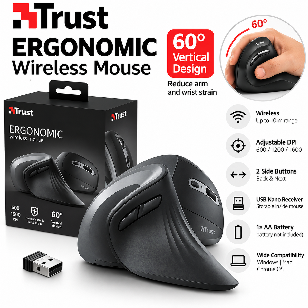 Trust 23507 Ergonomic Wireless Vertical Mouse – 60° Design, 600/1200/1600 DPI, USB Receiver, Black