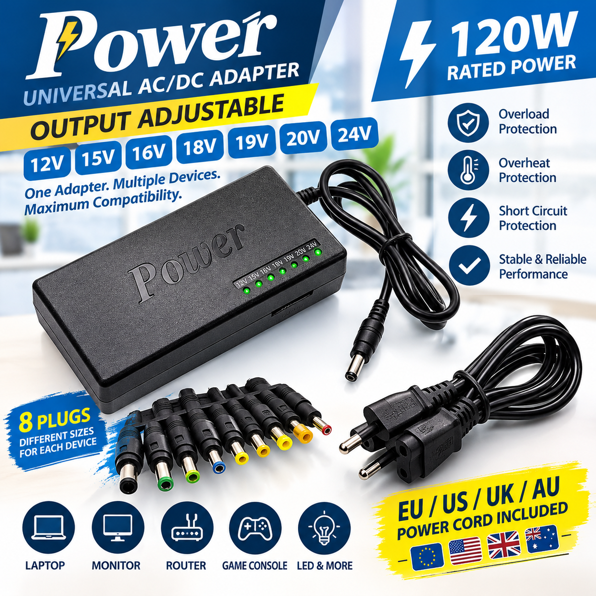 Universal Laptop Charger Victory VT-E9602 120W Adjustable 12V–24V Power Adapter with 9 Connector Tips