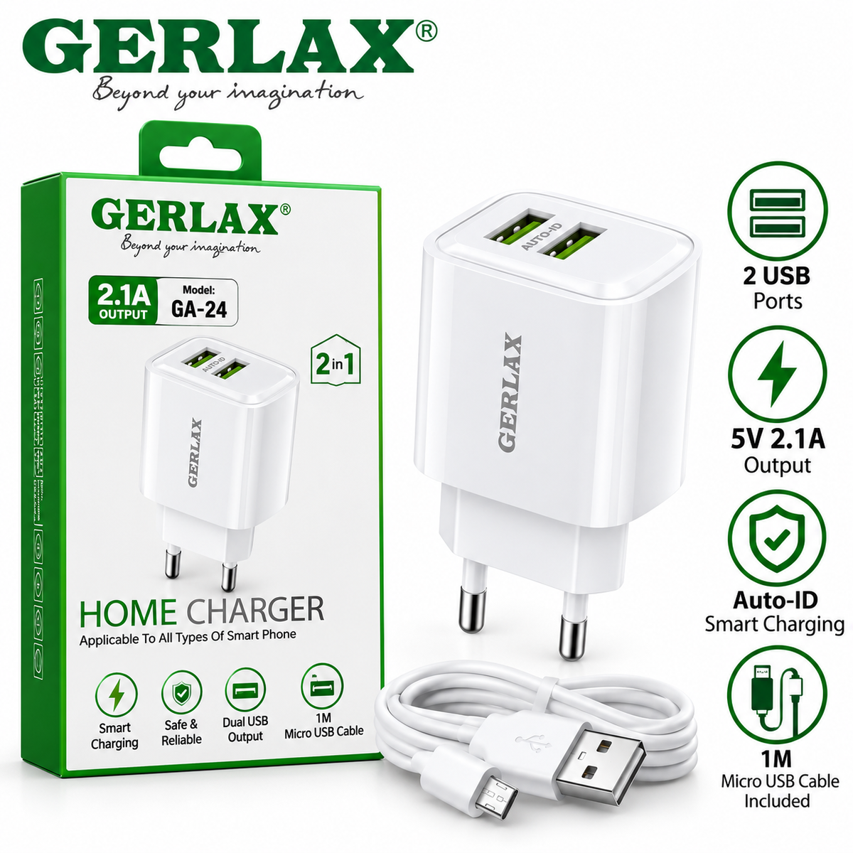 GERLAX GA-24 Dual USB Home Wall Charger 5V 2.1A with 1m Micro USB Cable – EU Plug, White