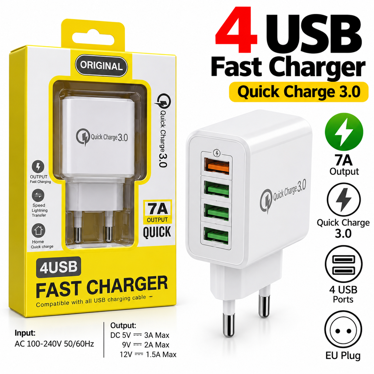 4 USB Fast Wall Charger Quick Charge 3.0 – 7A Advertised Output, EU Plug, White