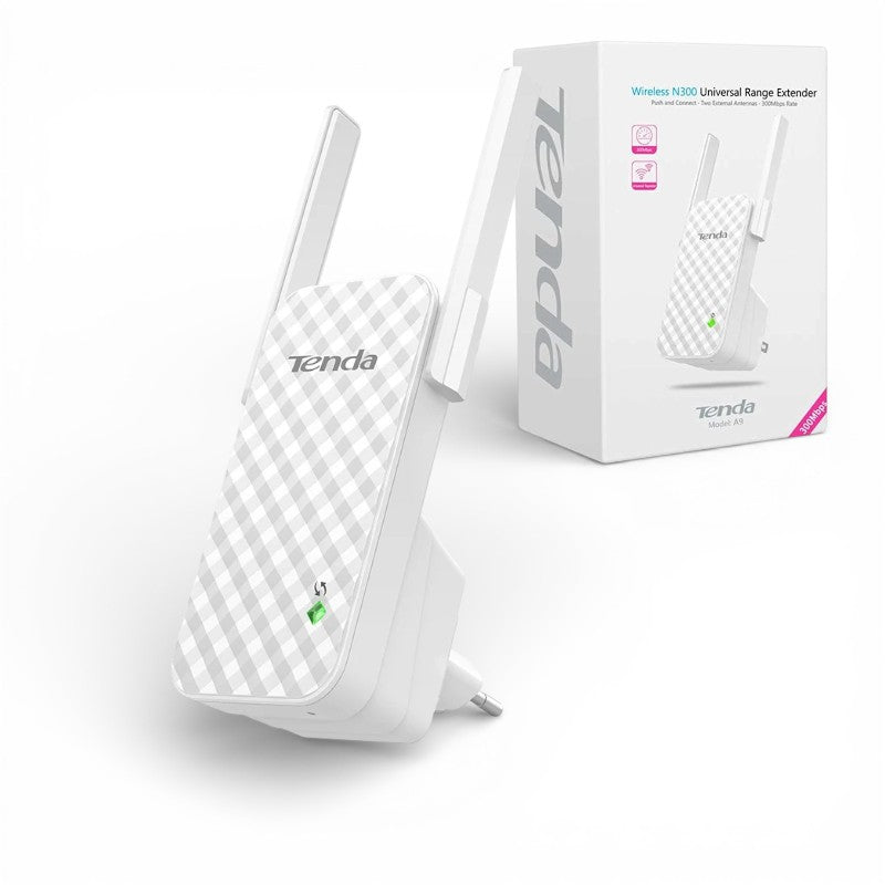 Tenda A9 N300 Wi-Fi Range Extender (A9)
300Mbps • 2× External Antennas • WPS One-Touch
Universal Repeater • Compact Plug-In Design