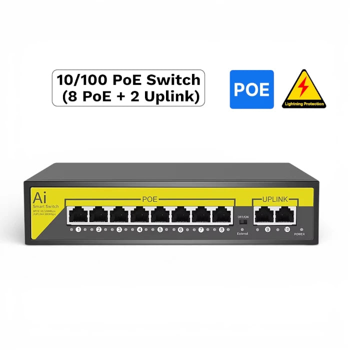PoE Switch 10-Port  (8 PoE + 2 Uplink) 10/100Mbps | DC 52V 2.3A 120W