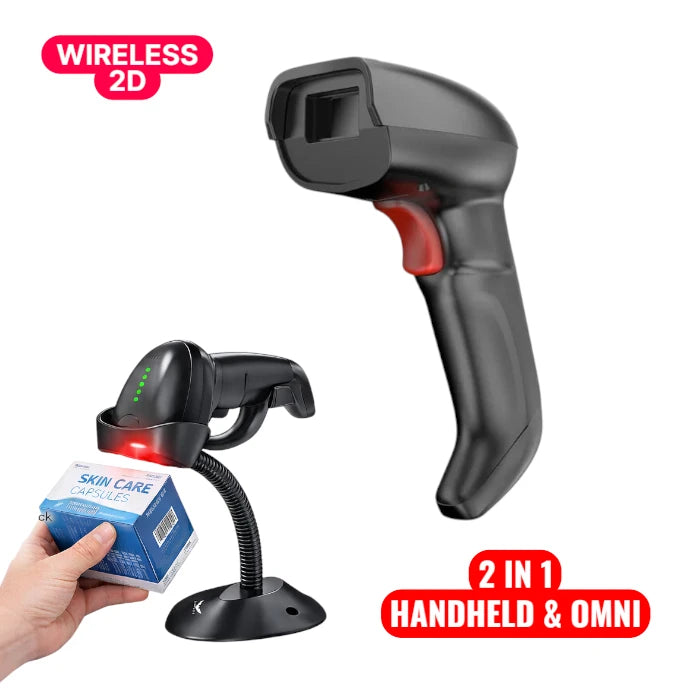 BUEROTIKA 2-in-1 Wireless 2D Barcode Scanner (Handheld + OMNI Hands-Free Stand)