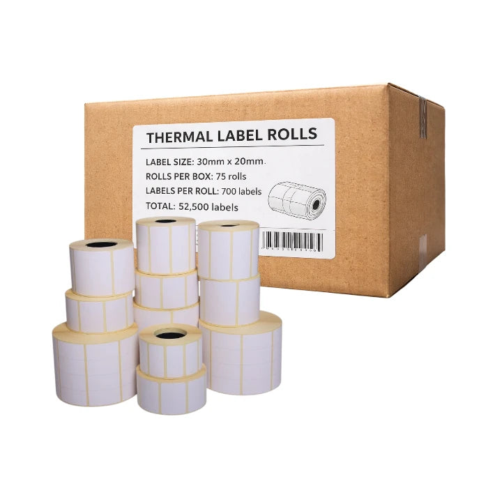 Thermal Label Roll 30×20mm – 700 Labels per Roll | Roll, Pack & Box Options