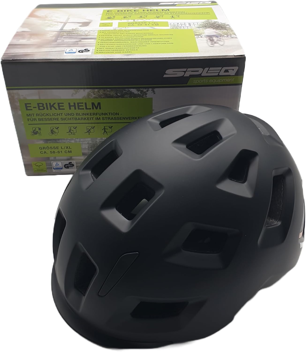 Speq E-Bike Smart Helmet: Integrated Rear Light, Turn Signal, Ventilation, Black L/XL