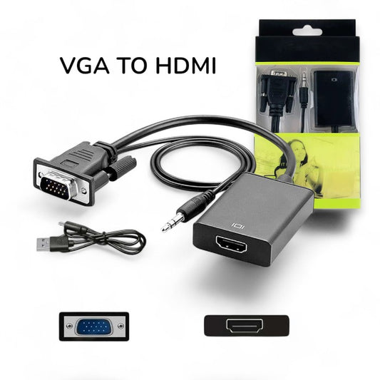VGA to HDMI Adapter, 1080P Converter with Audio + Power, Connect Laptop/PC to HDMI Monitor/Projector, Black, VGA-HDMI, New
