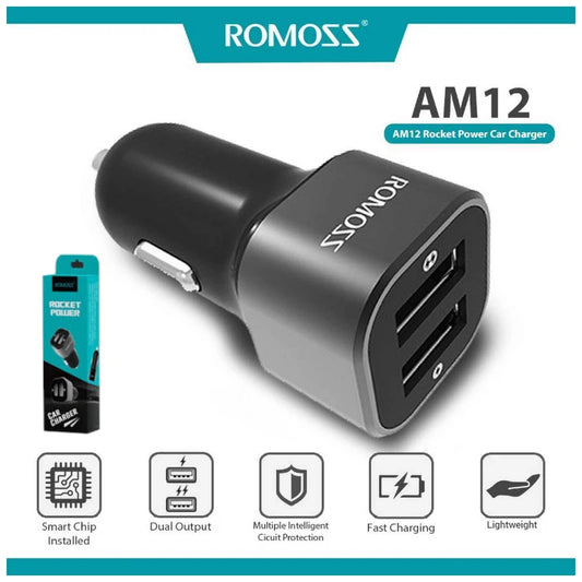 ROMOSS Rocket Power Car Charger AM12 – Dual USB 2.1A (12–24V)