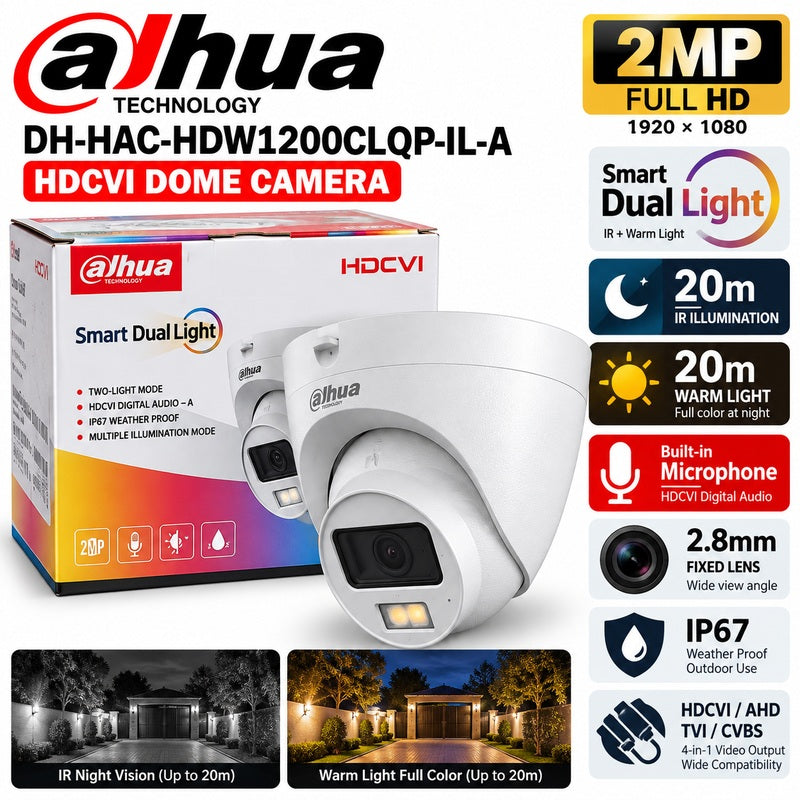 Dahua DH-HAC-HDW1200CLQP-IL-A 2MP Smart Dual Light HDCVI Dome Security Camera – 2.8mm Lens, 20m IR & Warm Light, Built-In Microphone