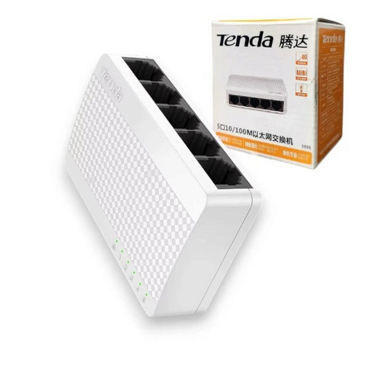 lebbuy Tenda S105 5-port white compact fast ethernet switch with its retail box