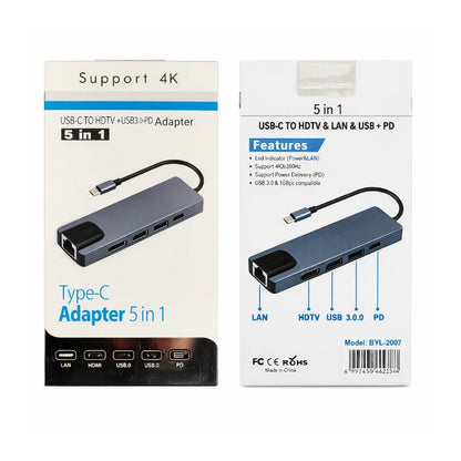 USB‑C 5‑in‑1 Adapter (HDMI 4K, LAN, USB 3.0, USB, PD) – Model BYL‑2007