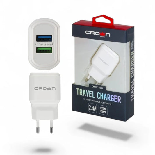 CROWN Travel Charger CMWC-3032 – Dual USB 2.4A (White)