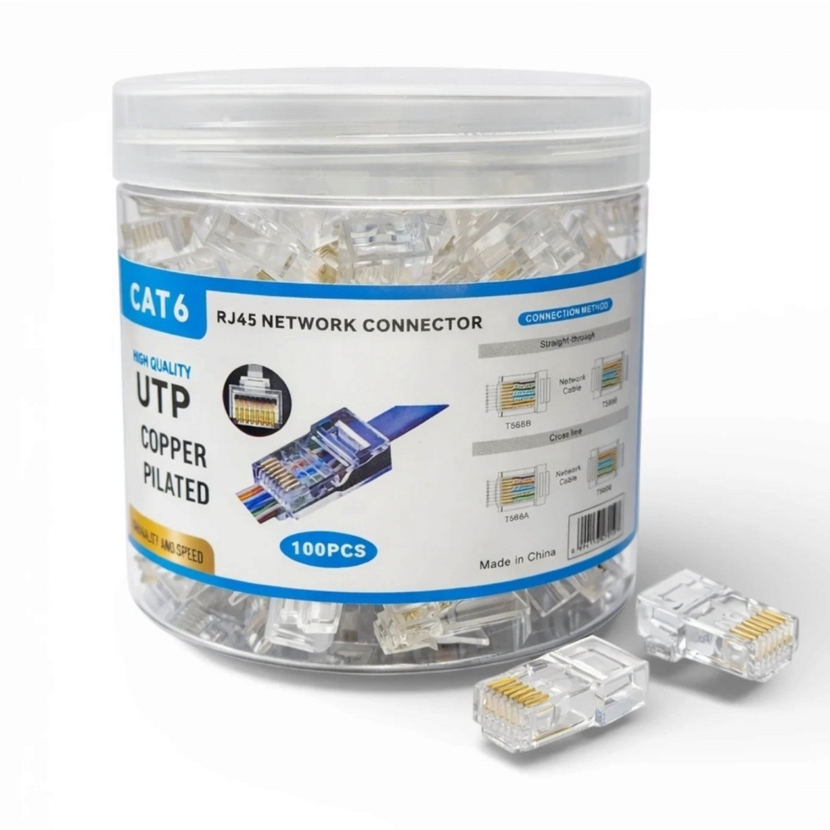 lebbuy 100 pack of clear plastic CAT6 RJ45 UTP pass-through network connectors in a storage jar