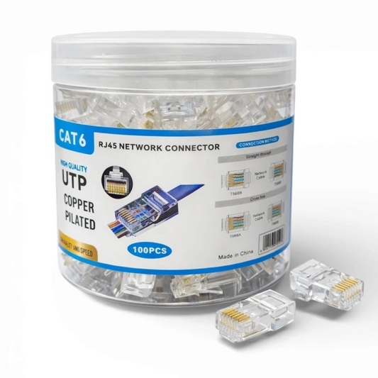lebbuy 100 pack of clear plastic CAT6 RJ45 UTP pass-through network connectors in a storage jar