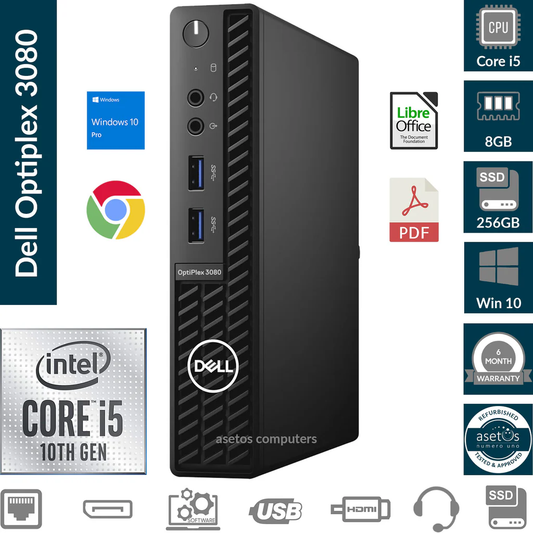 Dell OptiPlex 3080 Micro Desktop PC, Intel Core i5 10th Gen, 8GB RAM, 256GB NVMe SSD, Mini Business Computer