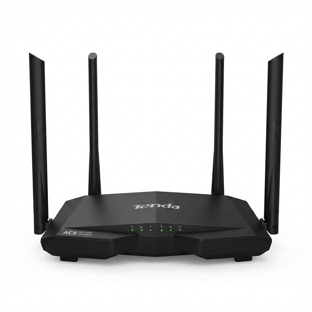 Tenda AC1200 Dual-Band Wi‑Fi Router (AC6)
1200Mbps • 4× 5dBi Antennas • MU‑MIMO
Smart App Control • Beamforming • WPA/WPA2