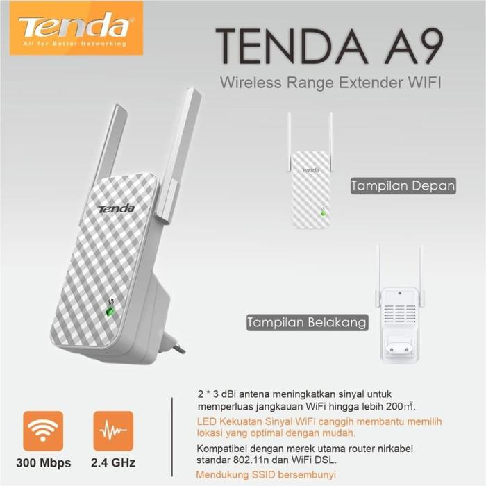 Tenda A9 N300 Wi-Fi Range Extender (A9)
300Mbps • 2× External Antennas • WPS One-Touch
Universal Repeater • Compact Plug-In Design
