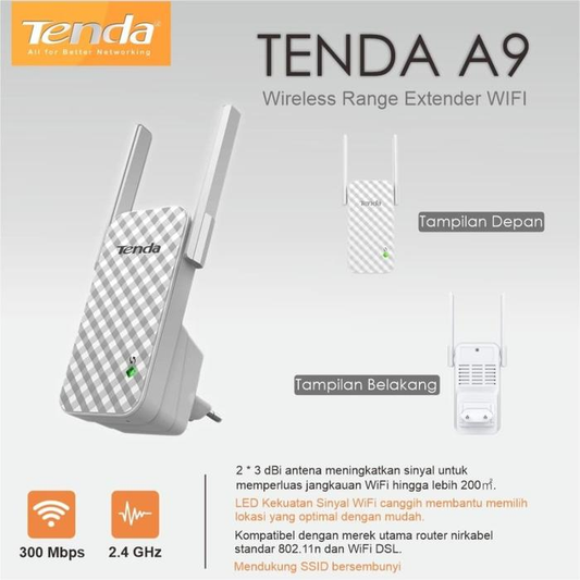Tenda A9 N300 Wi-Fi Range Extender (A9)
300Mbps • 2× External Antennas • WPS One-Touch
Universal Repeater • Compact Plug-In Design