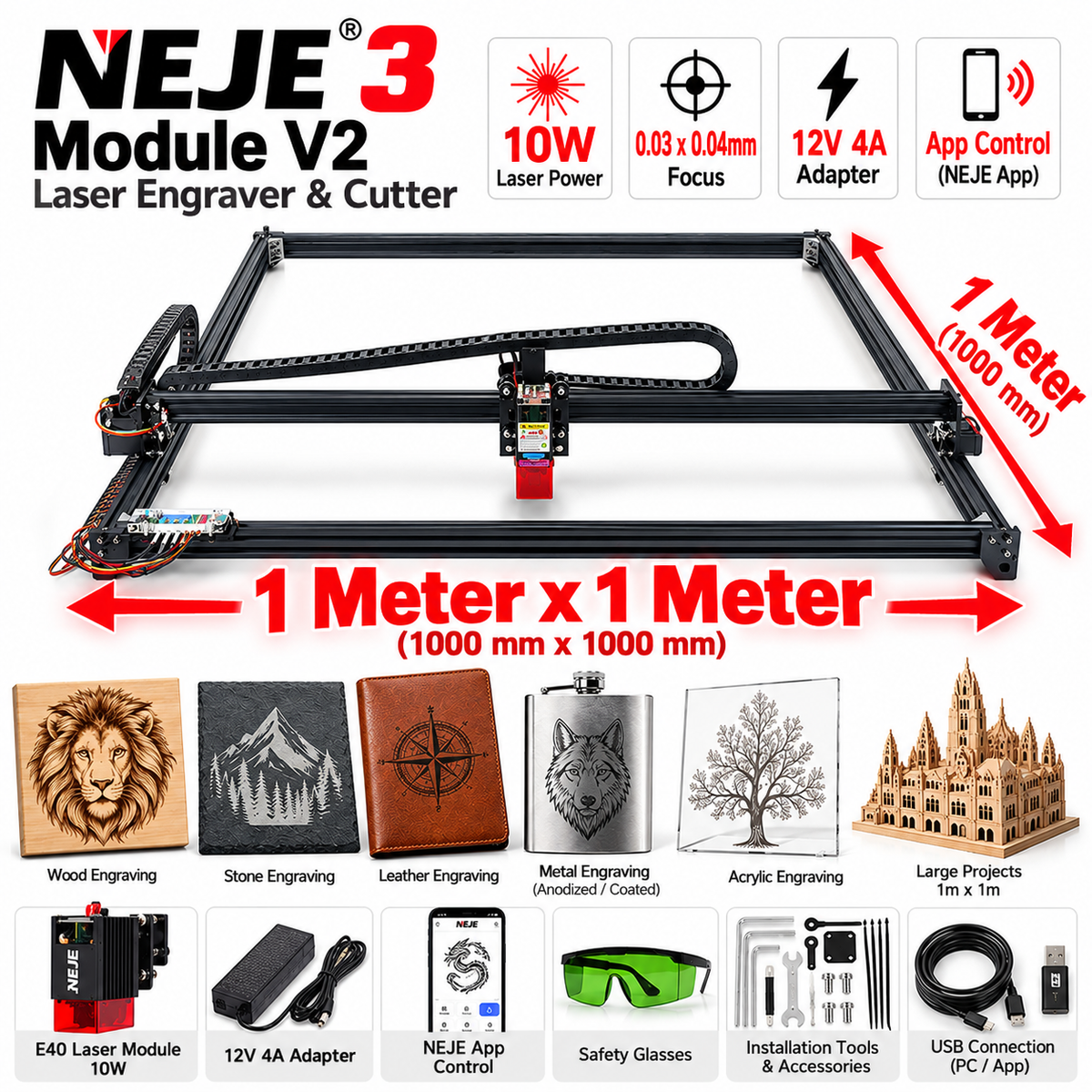 NEJE 3 Module V2 Laser Engraver & Cutter – E40 10W – Large Format 1m × 1m