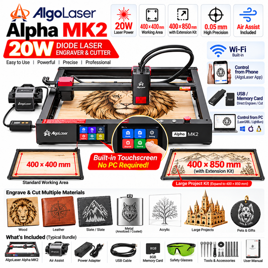 AlgoLaser Alpha MK2 20W Laser Engraver & Cutter – Touchscreen, Wi-Fi, Air Assist