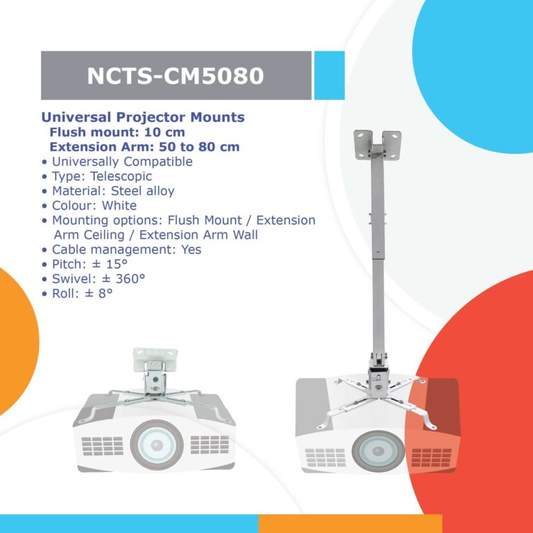 NCTS CM5080 Universal Projector Ceiling & Wall Mount – Adjustable 50–80 cm – White