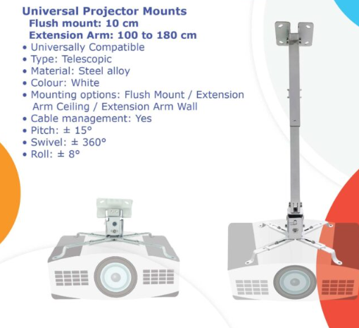 NCTS CM100180 Universal Projector Ceiling & Wall Mount – Adjustable 100–180 cm – White