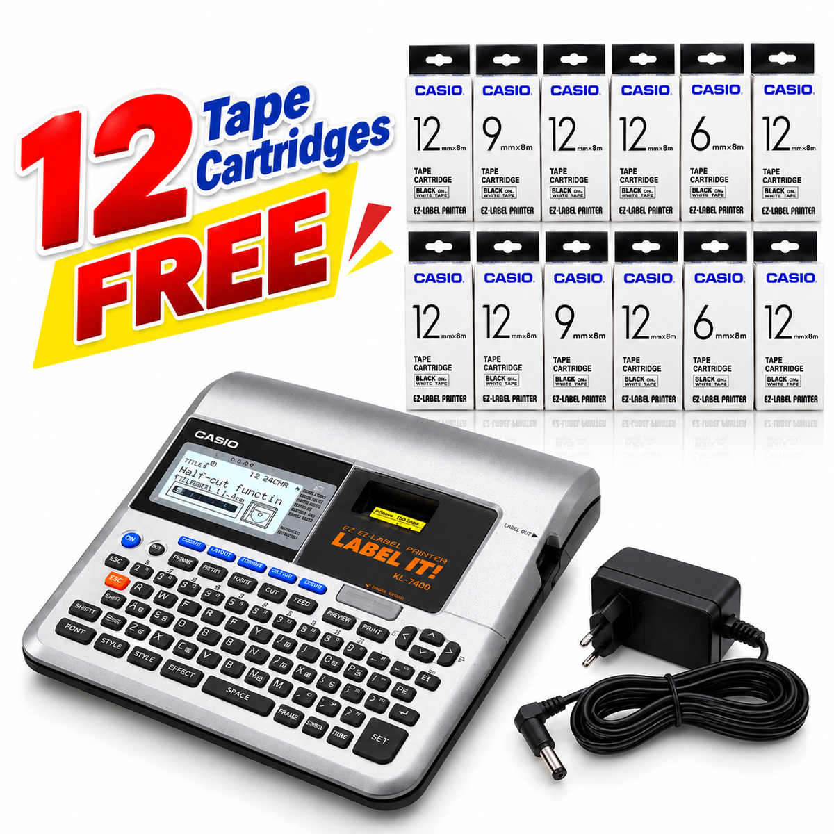 CASIO KL-7400 EZ-Label Printer Bundle – Includes 12 Tape Cartridges