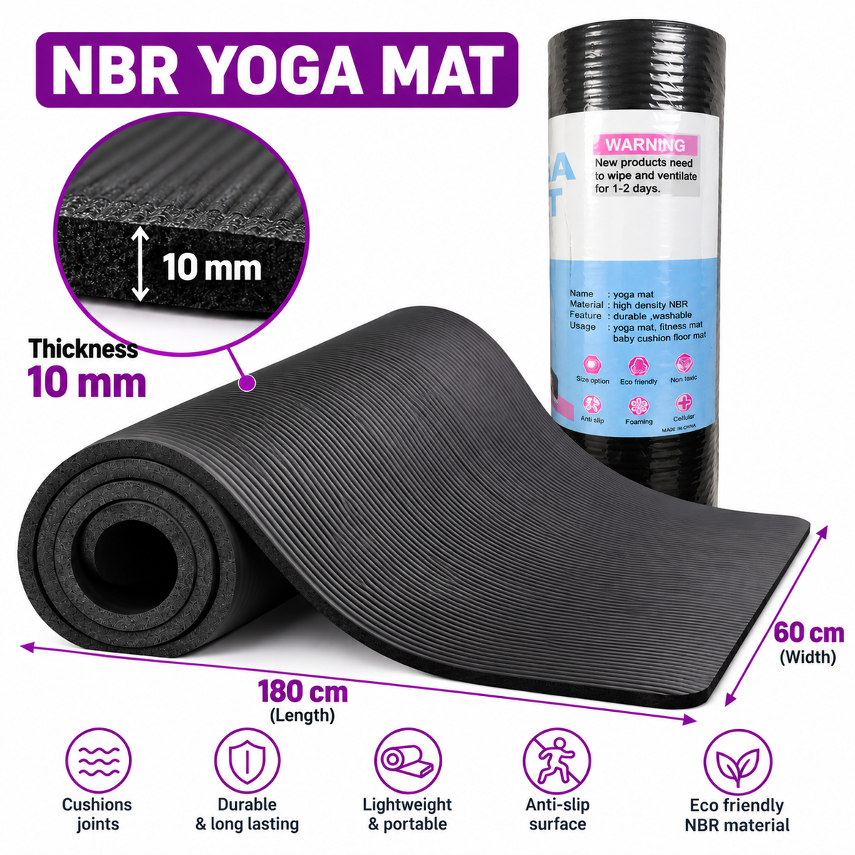 NBR Yoga Mat – 180 × 60 cm – 10 mm Thick – Black – Anti-Slip