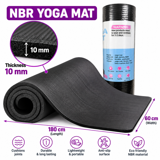 NBR Yoga Mat – 180 × 60 cm – 10 mm Thick – Black – Anti-Slip