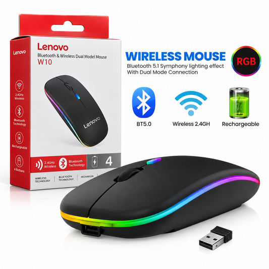 Lenovo W10 Rechargeable Dual-Mode Bluetooth & 2.4GHz Wireless Slim Mouse