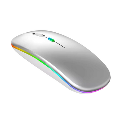 lebbuy Lenovo W10 slim rechargeable wireless mouse in silver with RGB lighting accents on a white background