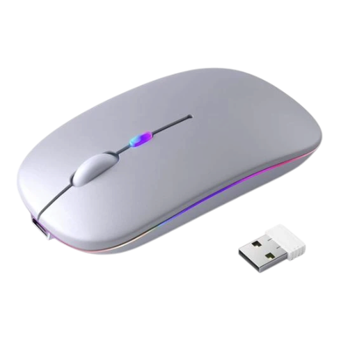 lebbuy HP W10 slim wireless mouse in silver with RGB lighting, Type-C charging, and 2.4GHz USB receiver